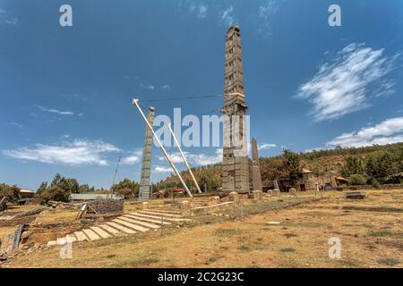 Alte monolith Stein Obelisk, das Symbol der Aksumite Zivilisation in der Stadt Aksum, Äthiopien. UNESCO-Weltkulturerbe. Afrikanische Kultur und Geschichte p Stockfoto