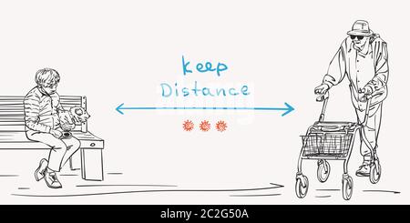 Halten Sie soziale Distanz Covid-19 Banner, Stoppen Sie verbreiten Coronavirus. Zwei ältere Personen außerhalb auf Abstand, handgezeichnete Vektorgrafik Stock Vektor