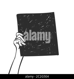 Blackout dienstag Konzept, Hand hält schwarzen quadratischen Banner. Vektorskizze, handgezeichnete Illustration Stock Vektor