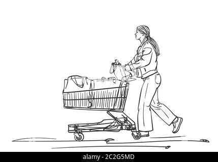 Frau mit Supermarkt-Wagen zu Fuß nach dem Einkaufen, Vektor-Skizze, handgezeichnete Illustration Stock Vektor