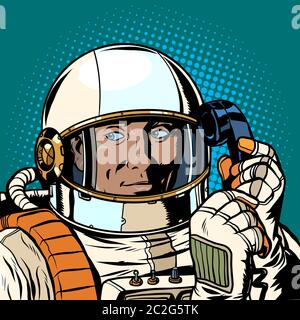 Ernsthafte Astronaut ein retro Telefon. Pop Art retro Vektor illustration Zeichnung Stockfoto