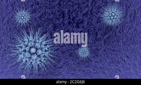 Corona-Virus. Viren unter dem Mikroskop. NCoV-Atemvirus, SARS, MERS, COVID 19. Bakterien Virus oder Keime Mikroorganismus Zellen unter dem Mikroskop. 3d Stockfoto