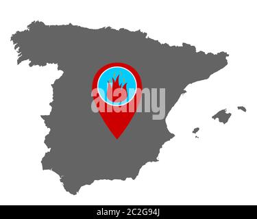Karte von Spanien und Pin mit Feuerwarnung Stockfoto