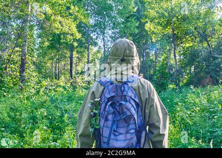 Aktiver Mann in Moskitoanzug mit Rucksack beim Wandern in einem sibirischen Wald, Russland. Alleinreisen, Lifestyle, inländisches Tourismuskonzept Stockfoto