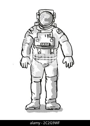 Retro Cartoon Stil Zeichnung eines Vintage Astronaut oder spaceman tragen Raumanzug von vorne auf dem isolierten weißen Hintergrund mit halb fertig gesehen-Ton tun Stockfoto