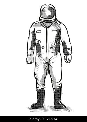 Retro Cartoon Stil Zeichnung eines Vintage Astronaut oder spaceman tragen Raumanzug von vorne auf dem isolierten weißen Hintergrund mit halb fertig gesehen-Ton tun Stockfoto