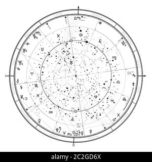 Astrologische Himmelskarte der nördlichen Hemisphäre. Das Allgemeine Globale Universelle Horoskop '2020. Stockfoto