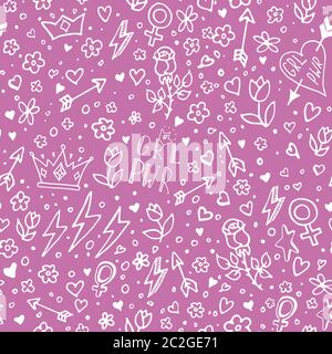 Vektor nahtlose Muster mit Mädchen Macht Symbole und handgezeichnete Phrasen. Abstrakter GRL PWR-Hintergrund. Girly Design für T-Shirt Prints, Handyhüllen, Verpackungen oder Poster. Vektorgrafik. Stock Vektor