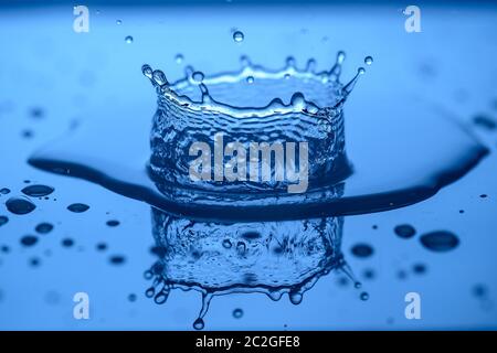 Wasser spritzt auf Glas auf einem blauen Hintergrund Tropfen Wasser Stockfoto