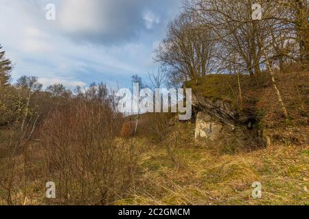 Spuren des Zweiten Weltkriegs. Zerstörter Bunker der Westmauer in der Eifel. Die Natur nimmt die Überreste der Ruinen zurück. Stockfoto