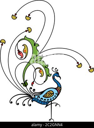 Pfau Hand Gezeichnet Design Vektor Kunst Illustration Stock Vektor