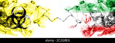 Iran, Iranische Quarantäne. Coronavirus COVID-19-Sperre. Rauchige mystische Flagge des Iran, Iraner mit Biohazard Symbol nebeneinander platziert. Stockfoto