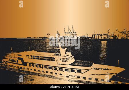 Das maritime Linienschiff wird zu dem Hafen von dem Kai vertäut. Stock Vektor