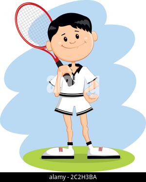 Cartoon Charakter Tennisspieler, stehend und halten Tennisschläger. Stock Vektor