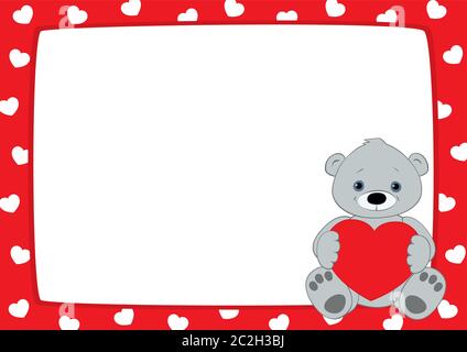 Vektor-roten Rahmen mit weißen Herzen Muster. Grauer Teddybär sitzt in der unteren rechten Ecke und hält das rote Herz. Für Text auf Weiß platzieren. Stock Vektor