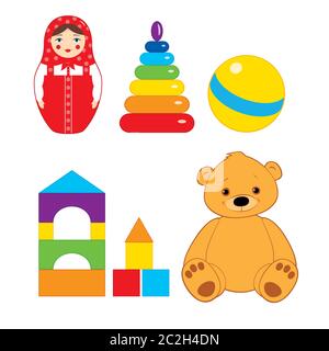 Satz Vektor bunte Illustration von Kinderspielzeug: Braun Teddybär, Ball, Blöcke, russische Nistpuppe und Stapelringe Turm. Isoliert auf Weiß Stock Vektor