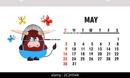 Kalender oder Planer 2021 kawaii Cartoon Ox.Vektorgrafiken. Kalender oder Planer 2021 kawaii Cartoon Ox, Stier oder Kuh, Symbol des neuen Jahres, niedlich Stock Vektor