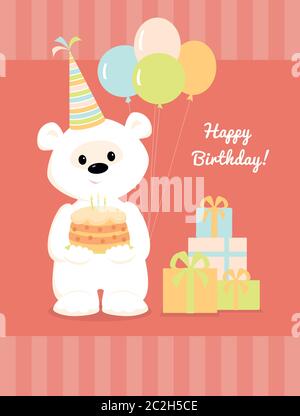 Vektor-Illustration eines niedlichen Cartoon weißen Teddybären mit einem Kuchen, Ballons und Geschenke. Design für Grußkarte mit Text Happy Birthday. Pastell Colo Stock Vektor