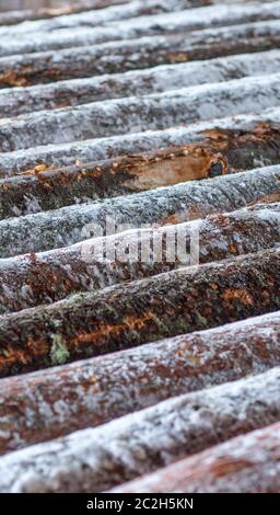 Bild von Schnee bedeckten Protokollen am Sägewerk Stockfoto