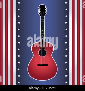 Vektor-Illustration der akustischen roten Gitarre auf USA Flagge Stil Hintergrund. Quadratisches Format. Stock Vektor