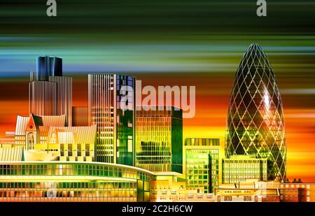Abstrakte Bewegungsunschärfe grün gelb Hintergrund mit Panorama von London Stockfoto