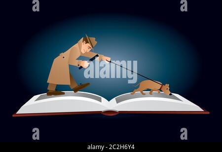 Vektorgrafik. Ein männlicher Detektiv in beigem Hut und Mantel, der auf den Seiten eines offenen Buches mit Lupe geht und sein Suchhund folgt Stock Vektor