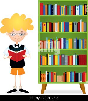 Vektor bunte Illustration eines Jungen mit Brillen stehen in der Nähe eines grünen Bücherregal voller Bücher und Lesen. Das Kind trägt schwarzen Pullover Weste, oder Stock Vektor