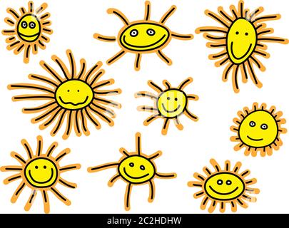 Sammlung von handgezeichneten lustigen Cartoon Sonnen Stock Vektor