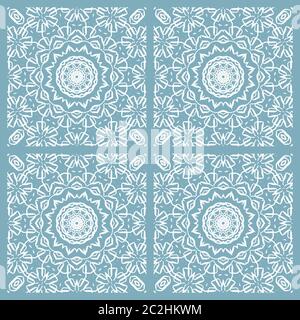 Regelmäßige zarte Kreis-Ornamente in Quadraten weiß blau grau Stockfoto