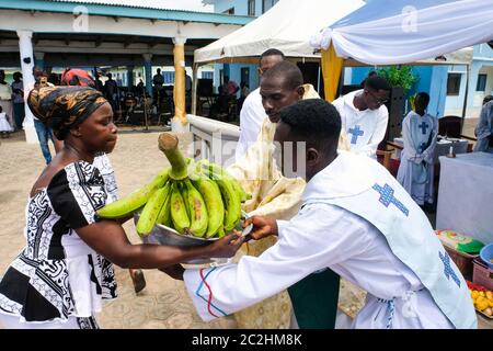Bananen als Opfergaben, Sammlung der Gläubigen während der katholischen Sonntagsmesse der Pfarrei St. Mary´s in KenGen, Ghana, Afrika. Stockfoto