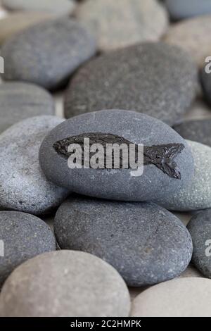 Graue Kieselsteine und ein wenig Fisch Paintine auf einem der Steine, Fisch ist von mir selbst gemalt Stockfoto