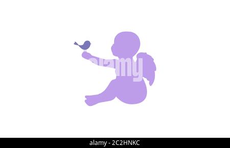 Vektor-Illustration der lila Silhouette eines Kindes mit Flügeln, während sitzen und halten einen Vogel auf ausgestreckten Arm. Toll für Kinder Ikone,. Stock Vektor