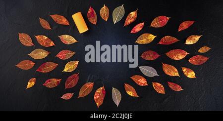 Einen herrlichen Herbst Wein Hintergrund mit lebendigen Herbst Blätter auf Schwarz, eine design Vorlage für eine Weinprobe Einladung Stockfoto
