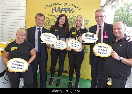 Michael Gove besucht die Royal Welsh Show in Llanelwedd, Mid Wales. Machael Gove geht am 24. Mit dem walisischen Sekretär Alun Cairns um die Show Stockfoto