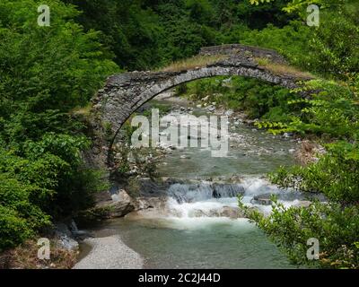 Alte Steinbrücke in Ruinen, über einen Bach umgeben von Bäumen Stockfoto