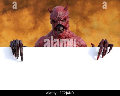 Eine mittlere Suchen dämonische, roter Teufel mit Hörnern und halten ein leeres Zeichen mit Copyspace, 3D-Rendering. Er wird durch Feuer wie in der Hölle umgeben. Stockfoto