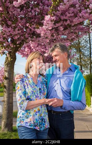 Liebevolles Paar mittleren Alters in einer Frühlingsstraße stehend Hände unter einem Baum haltend, der mit rosa Blüte bedeckt ist und in die Augen lächelt. Stockfoto