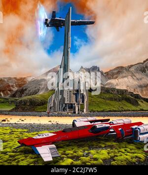 Futuristische Fantasy-Welt, neue Planeten und Zivilisationen, Eroberungen im Weltraum. Fremde Infrastruktur aus anderen Welten, Weltraum-Außenposten. Neue Solarsysteme. Stockfoto