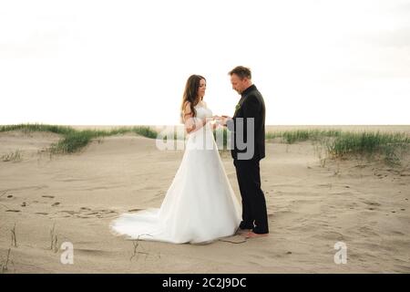 Brautpaar steht und posiert am Sandstrand. Braut und Bräutigam halten sich die Hände. Hochzeitskonzept. Stockfoto