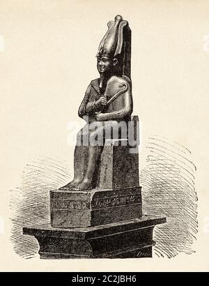 Skulptur des altägyptischen gottes Osiris, Altes Ägypten. Alte Illustration aus dem 19. Jahrhundert, El Mundo Ilustrado 1880 Stockfoto