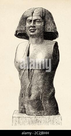 Büste der Frau Ka-Aper Holzstatue aus Mastaba Tombin Saqqara. Ägyptische Zivilisation, Altes Königreich, Dynastie V. Kairo, Ägyptisches Museum, Altes Ägypten. Alte Illustration aus dem 19. Jahrhundert, El Mundo Ilustrado 1880 Stockfoto