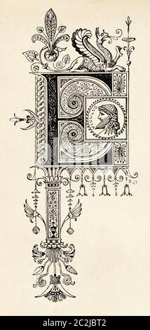 Design des 19. Jahrhunderts, Anfangsbuchstabe E. Alte eingravierte Illustration des 19. Jahrhunderts, El Mundo Ilustrado 1880 Stockfoto
