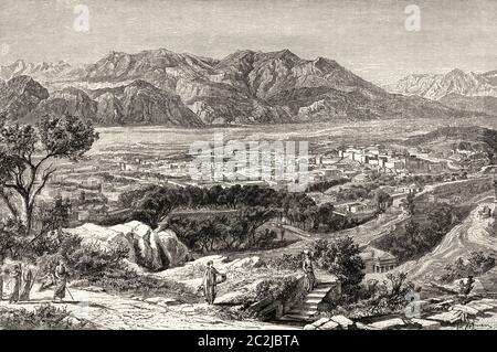 Imaginäre Ansicht der Stadt der alten Stadt Sparta und Mount Taygetus aus dem Dorf von Terapne, Ancient Greece gesehen. Alte Illustration aus dem 19. Jahrhundert, El Mundo Ilustrado 1880 Stockfoto