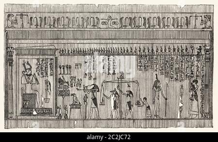 Unterirdischer Gerichtshof von Osiris für das Urteil der Toten, Theben, altes Ägypten. Alte Illustration aus dem 19. Jahrhundert, El Mundo Ilustrado 1880 Stockfoto