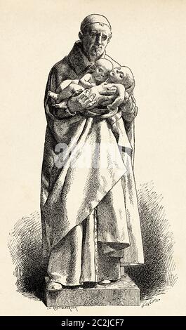 Marmorstatue des heiligen Vincent de Paul des französischen Bildhauers Jean-Alexandre-Joseph Falguiere (1831 - 1900). Alte Illustration aus dem 19. Jahrhundert, El Mundo Ilustrado 1880 Stockfoto