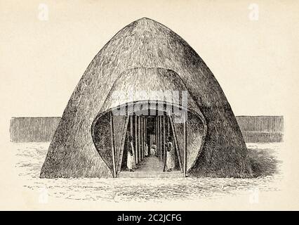 Audienzzimmer des Palastes von König Muteesa I. von Buganda, Zentralafrika. Reise in das unerforschte Afrika, den geheimnisvollen Kontinent von Henry Morton Stanley. Alte Illustration aus dem 19. Jahrhundert, El Mundo Ilustrado 1880 Stockfoto
