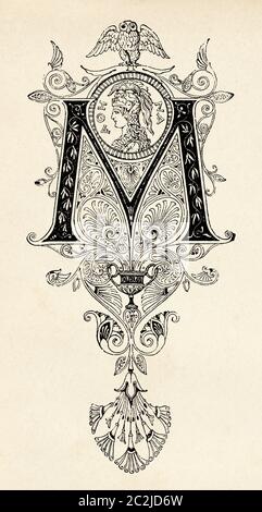 Design des 19. Jahrhunderts, Anfangsbuchstabe M. Alte eingravierte Illustration des 19. Jahrhunderts, El Mundo Ilustrado 1880 Stockfoto