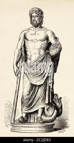 Statue des Asklepios mit seinem schlange umschlungen Stab. Das Antike Griechenland. Alte Illustration aus dem 19. Jahrhundert, El Mundo Ilustrado 1880 Stockfoto