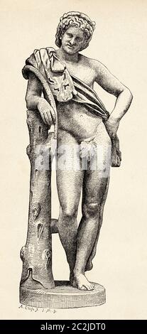 Ruhender Satyr, römische Kopie eines originalen Faun von Praxiteles, griechische Statue, altes Griechenland. Alte Illustration aus dem 19. Jahrhundert, El Mundo Ilustrado 1880 Stockfoto