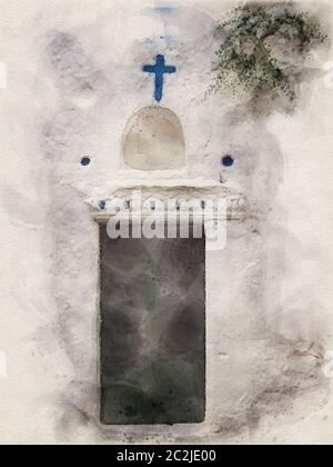 Aquarell-Bild einer schönen alten ländlichen Kirche Tür in Kos Griechenland mit einer weiß bemalten Wand und blauem Kreuz Stockfoto